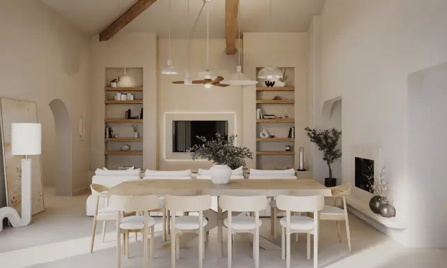 Un salon scandinave moderne aux tons clairs, avec une grande table en bois, des chaises épurées, des étagères murales et une cheminée.