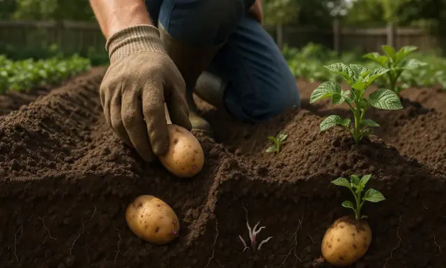 Main d'un jardinier plantant des pommes de terre, assurant un bon espacement pour une croissance optimale.
