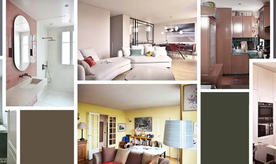 Avant/après rénovation appartement : salle de bain moderne, salon épuré, cuisine fonctionnelle.
