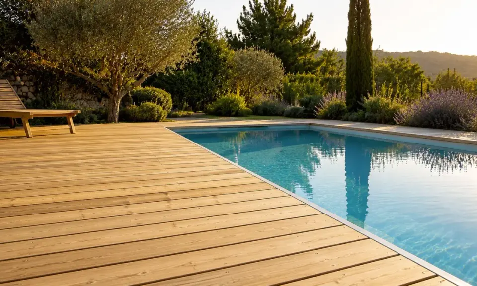 Une belle terrasse bois piscine sans margelle, avec un transat invitant à la détente sous un olivier.