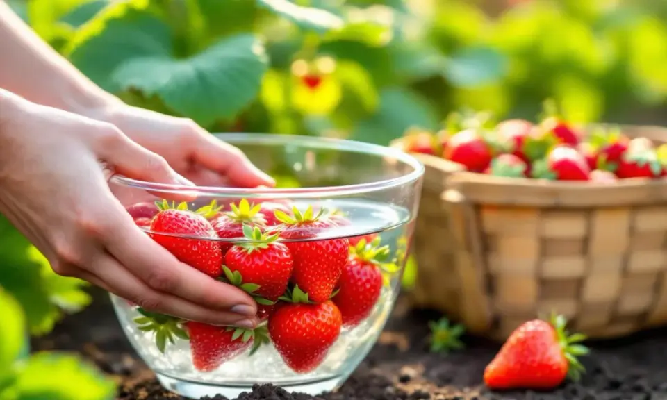Mains mains plongent dans un bol d'eau pour rincer des fraises fraîchement cueillies. Un panier rempli de fraises est visible en arrière-plan.