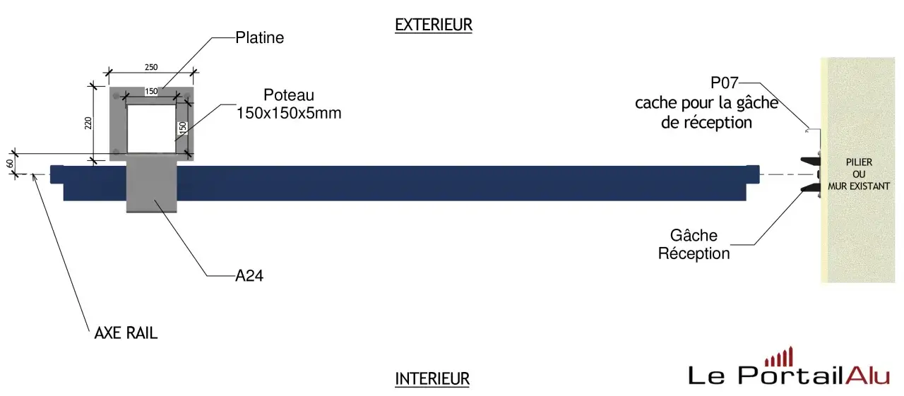 Schéma technique montrant l'emplacement moteur portail coulissant, avec poteau, platine et gâche de réception sur pilier existant.