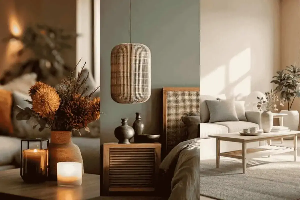 Ambiance cosy et naturelle : bougies, fleurs séchées, rotin et canapé clair. Une inspiration pour la tendance peinture salon.