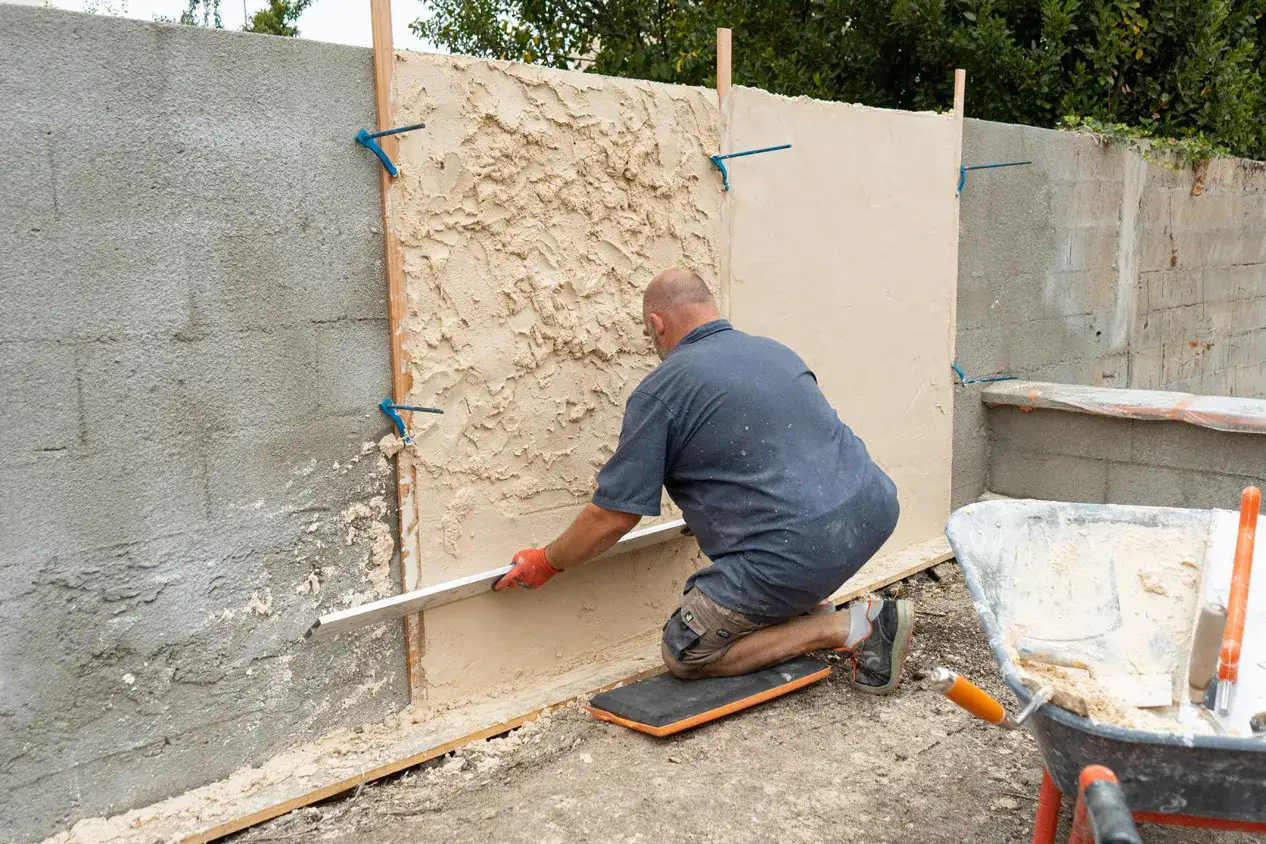 Un ouvrier applique un enduit textur&eacute; sur un mur en b&eacute;ton ext&eacute;rieur. La peinture sur mur b&eacute;ton ext&eacute;rieur est en cours de finition.