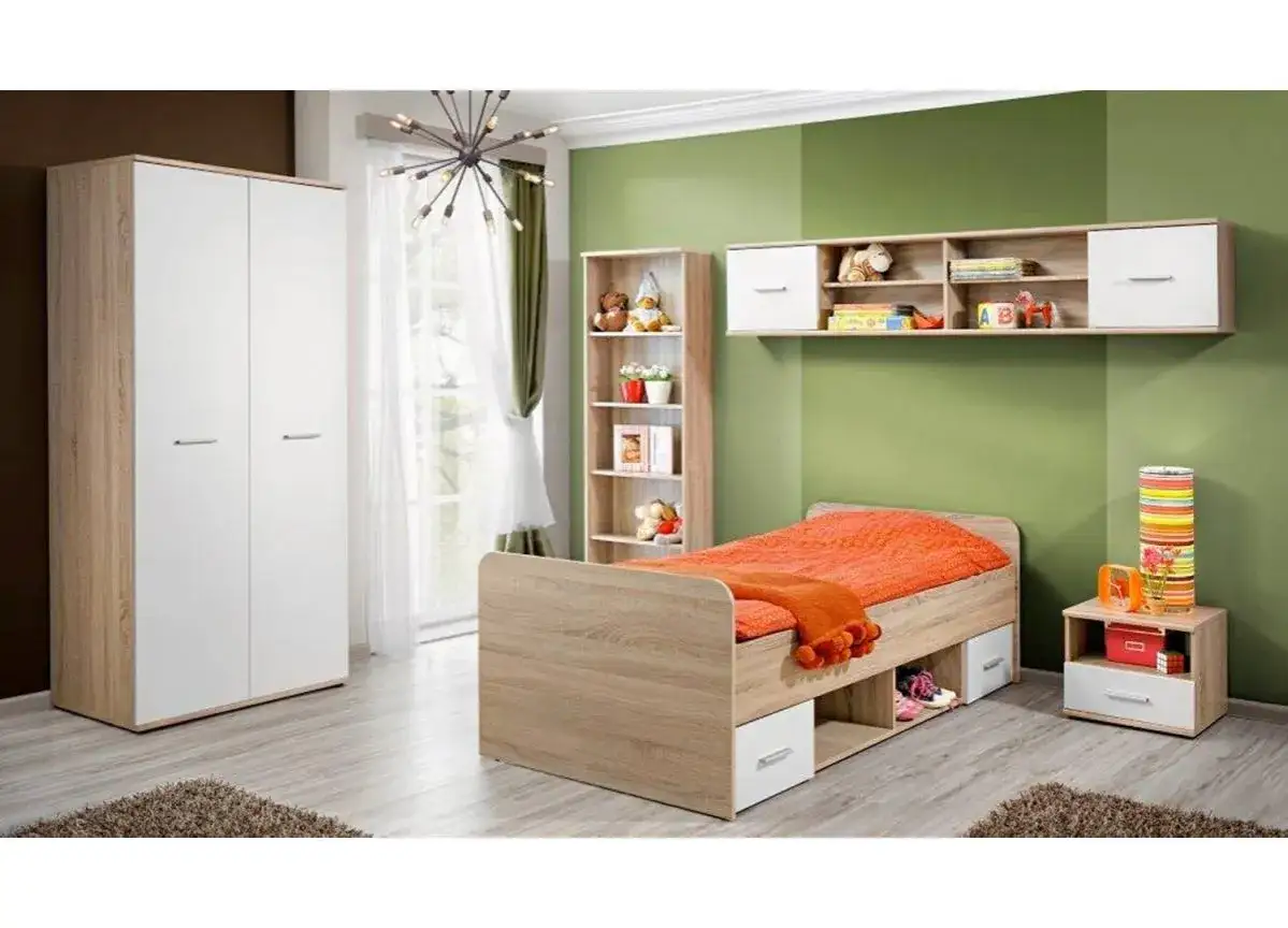 Une chambre d'enfant moderne avec un lit en bois, une armoire blanche et bois, et des &eacute;tag&egrave;res murales. Une belle id&eacute;e d&eacute;co chambre enfant pour un espace fonctionnel et joyeux.