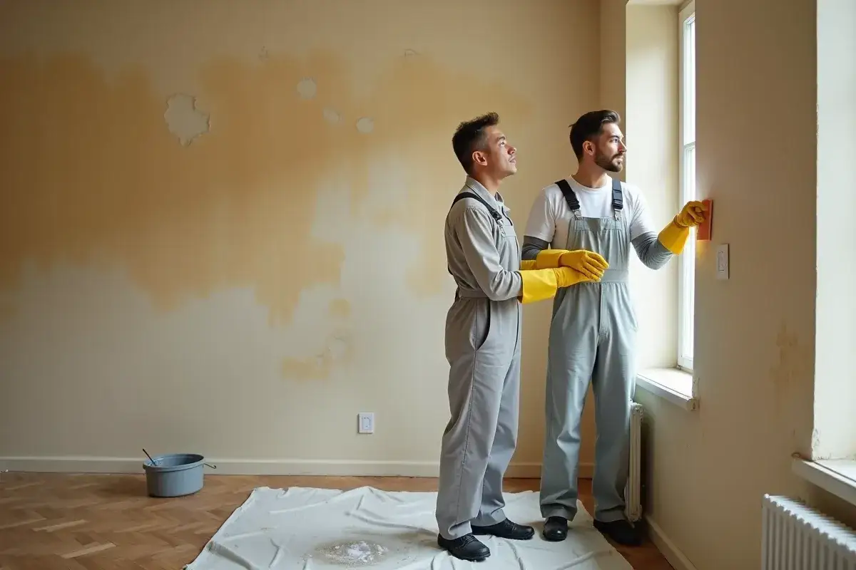 Deux ouvriers en salopette, gants jaunes, s'apprêtent à lessiver le mur avant peinture. L'un tient une éponge, l'autre observe.