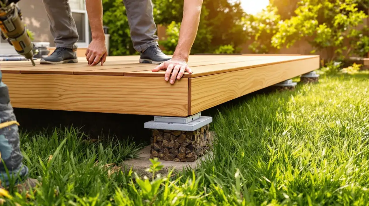 Construction d'une terrasse en bois sur pelouse. Des mains ajustent les lames d'une nouvelle terrasse sur&eacute;lev&eacute;e, pos&eacute;e sur des supports discrets.