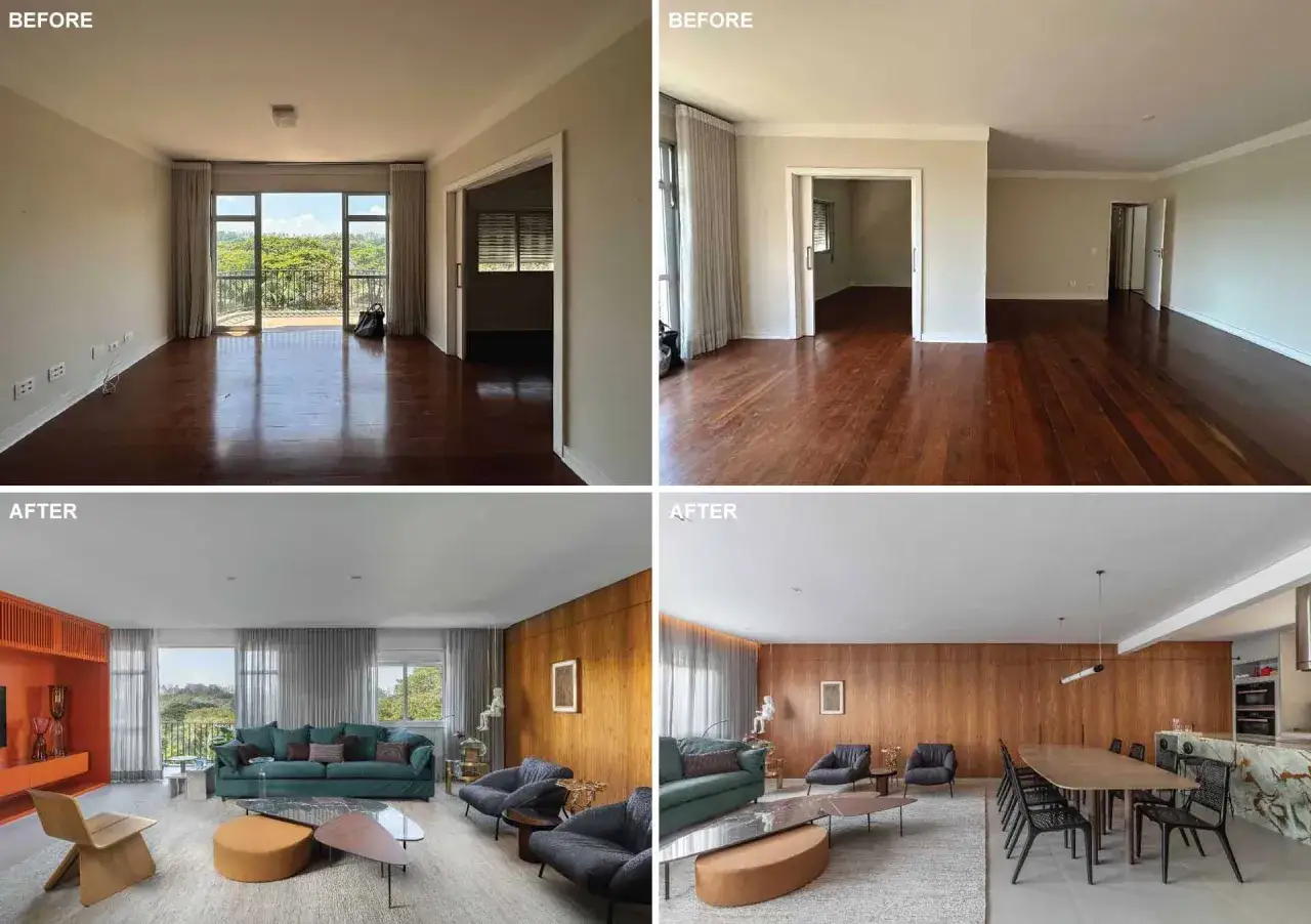 Avant/après d'une rénovation d'appartement : d'un salon sobre à un espace moderne et chaleureux avec mobilier design et cuisine ouverte.