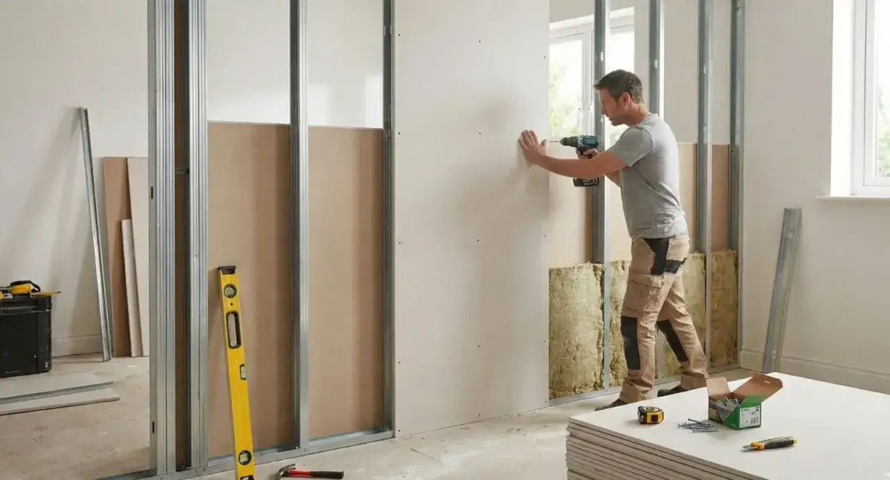 Un homme visse une plaque de placo sur une structure métallique. Des matériaux de construction sont visibles.