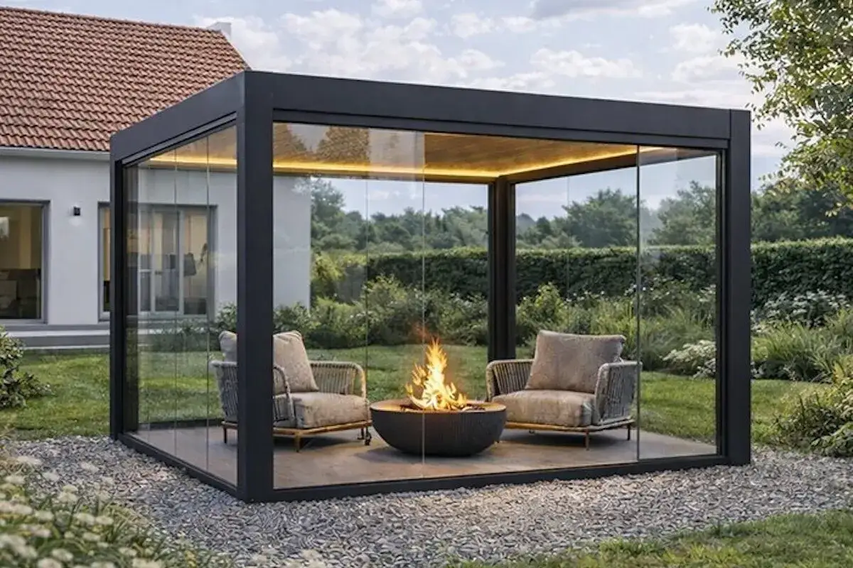 Aménagement terrasse extérieure moderne avec pergola vitrée, deux fauteuils confortables et un brasero invitant à la détente.