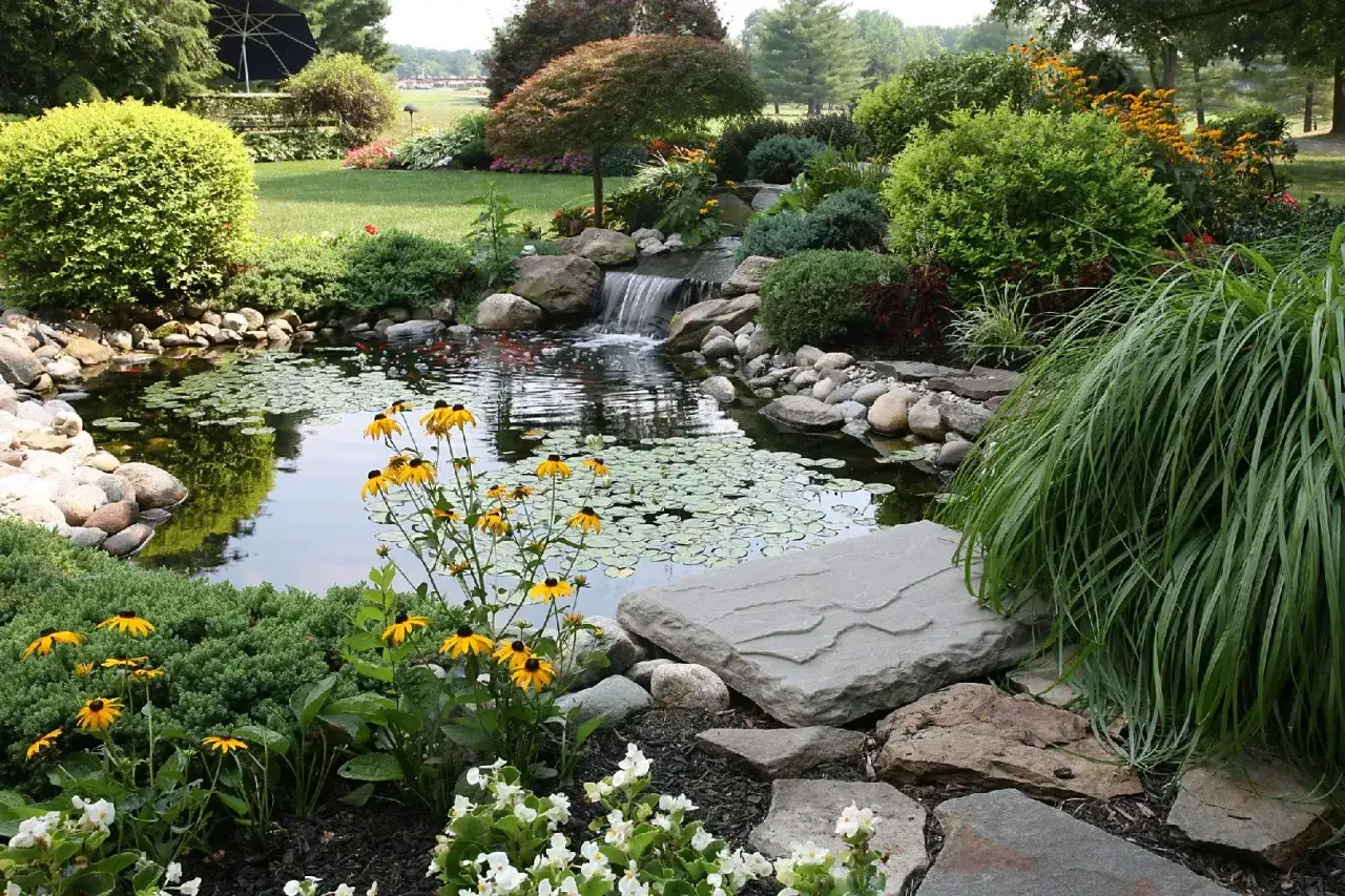 Magnifique aménagement de jardins avec un étang, une cascade, des poissons rouges et une végétation luxuriante.