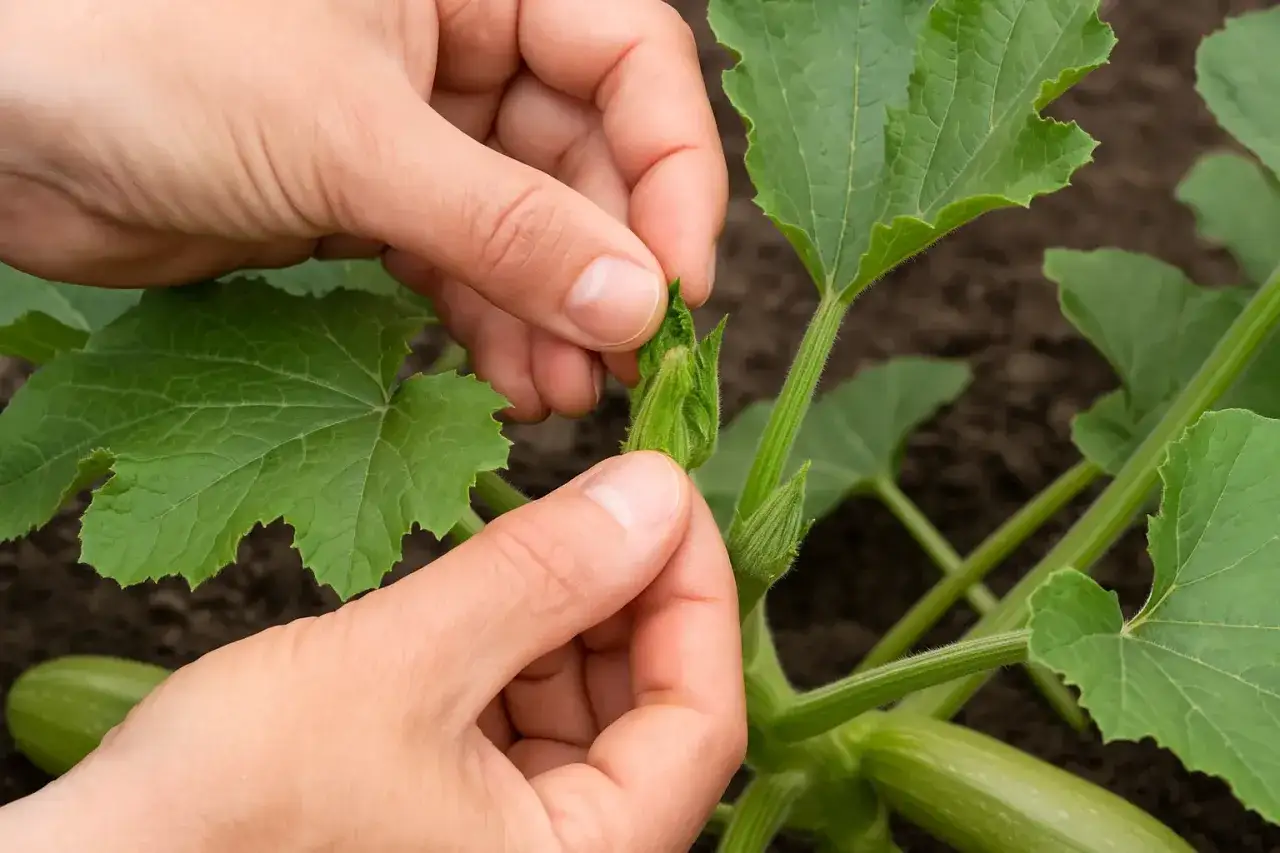 Mains d&eacute;licates pincent les jeunes pousses d'une courgette, promesse de futurs l&eacute;gumes verts.