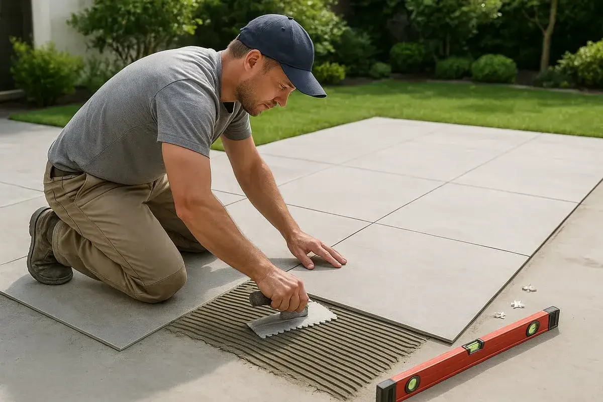 Un homme agenouillé applique du mortier pour carreler une terrasse avec des dalles grises. Un niveau à bulle est posé à proximité.