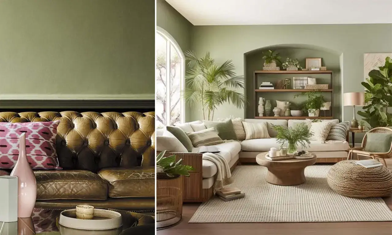 Un salon moderne aux murs vert sauge nuancier, avec un canap&eacute; blanc confortable, des plantes luxuriantes et un canap&eacute; en cuir marron capitonn&eacute;.