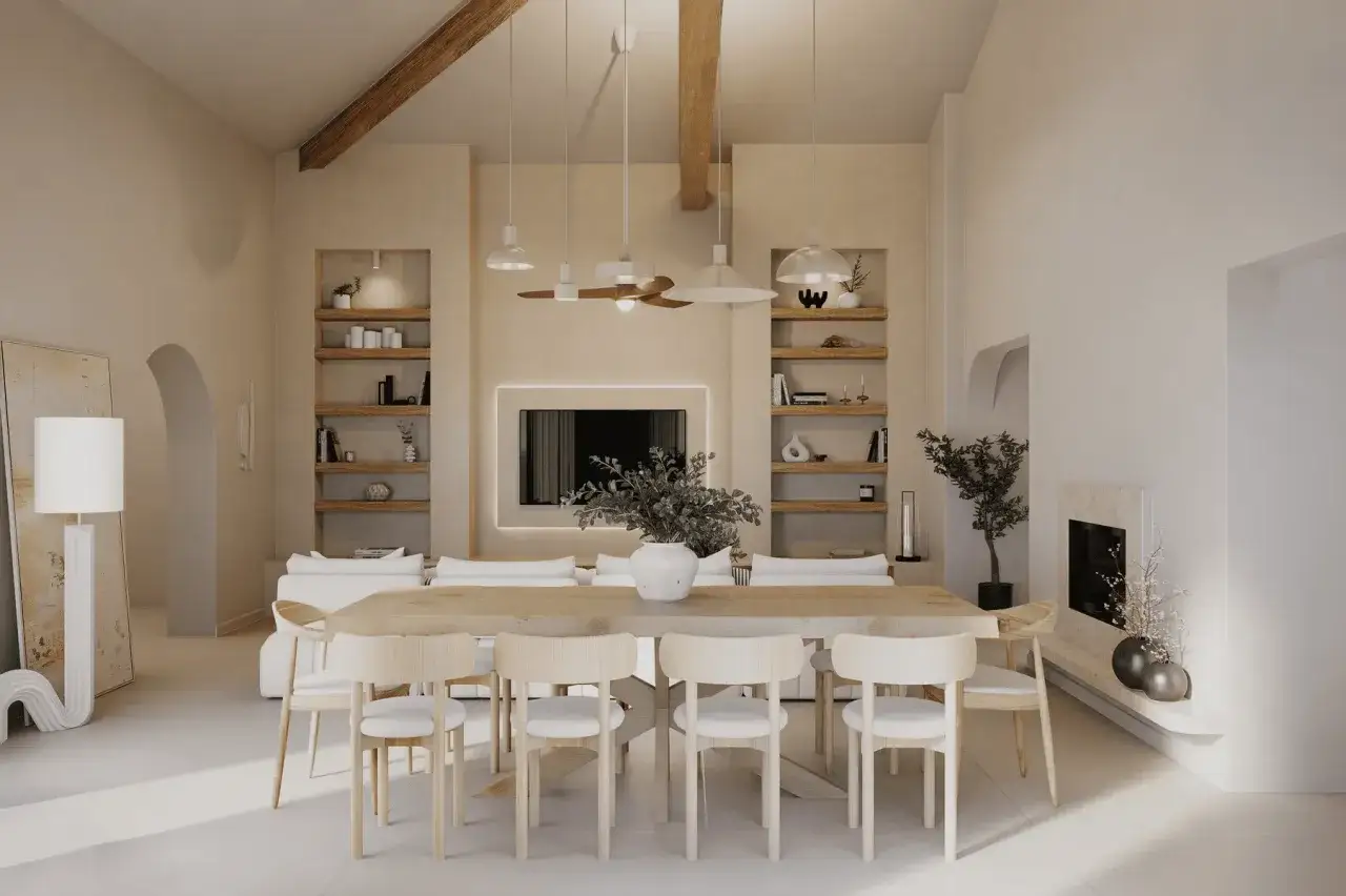 Un salon scandinave moderne aux tons clairs, avec une grande table en bois, des chaises épurées, des étagères murales et une cheminée.