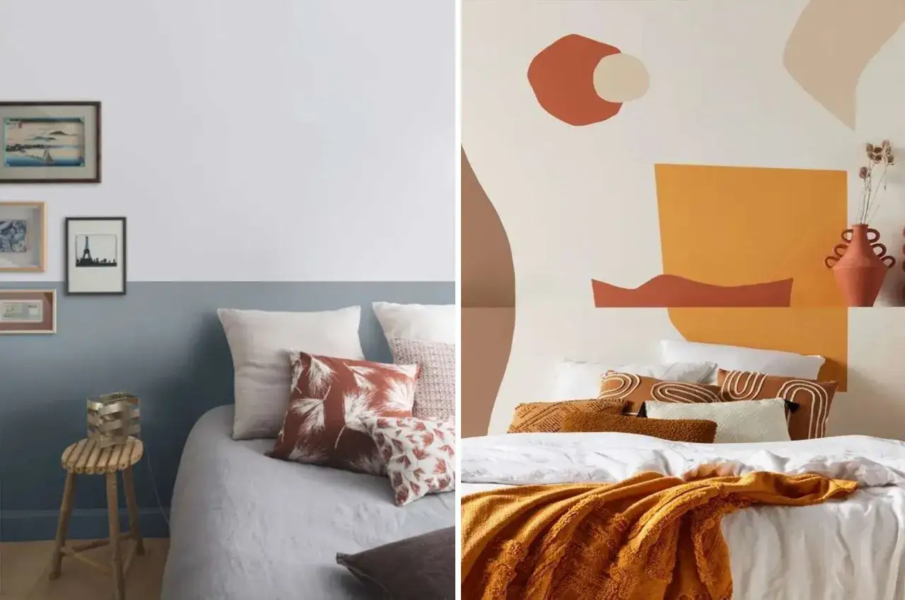 Deux lits douillets, l'un avec une tête de lit en peinture abstraite ocre et terre, l'autre avec une tête de lit peinte en deux tons bleu et blanc, ornée de cadres.