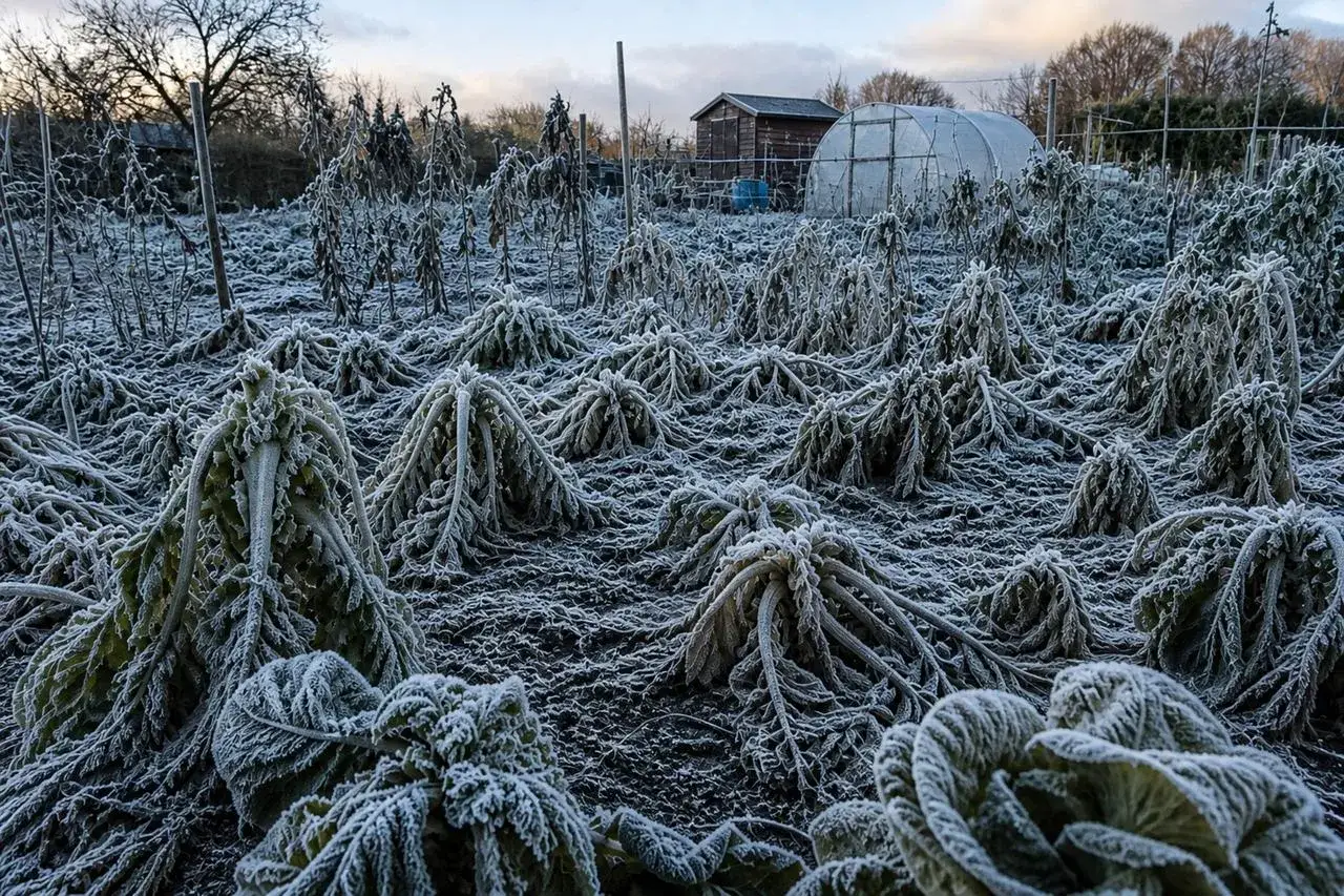 Un champ de légumes givrés, recouverts de givre blanc, comme si les saints de glace étaient passés. Une serre et un cabanon sont visibles au loin.