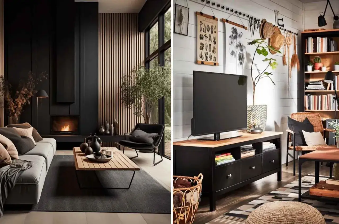 Ambiance chaleureuse pour une inspiration déco salon noir et bois : cheminée moderne, canapé confortable et mur lambrissé.