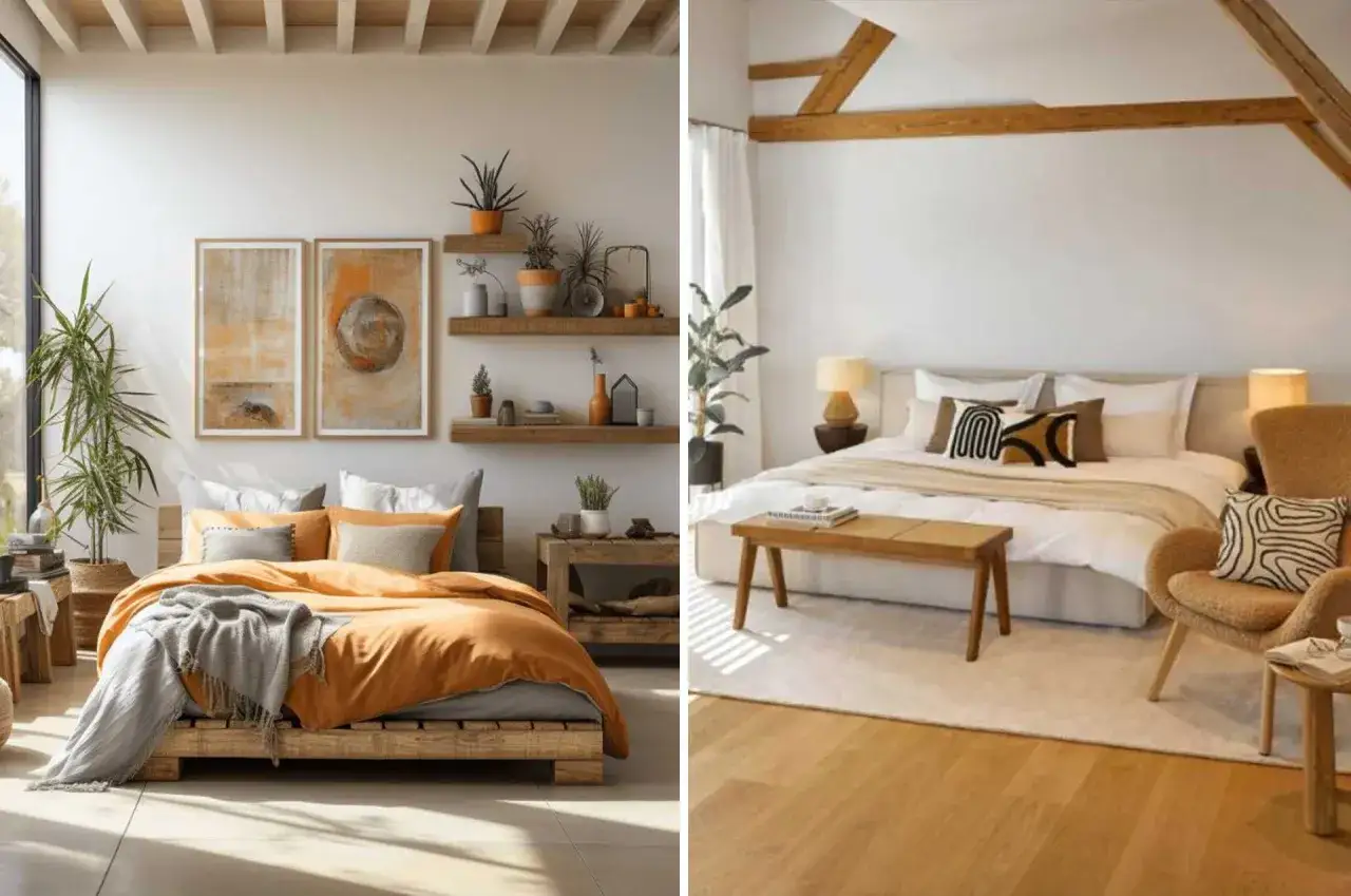 Deux chambres douillettes, une avec une literie orange vif et des œuvres d'art abstraites, l'autre avec des poutres apparentes et des coussins graphiques. Une belle deco de chambre.