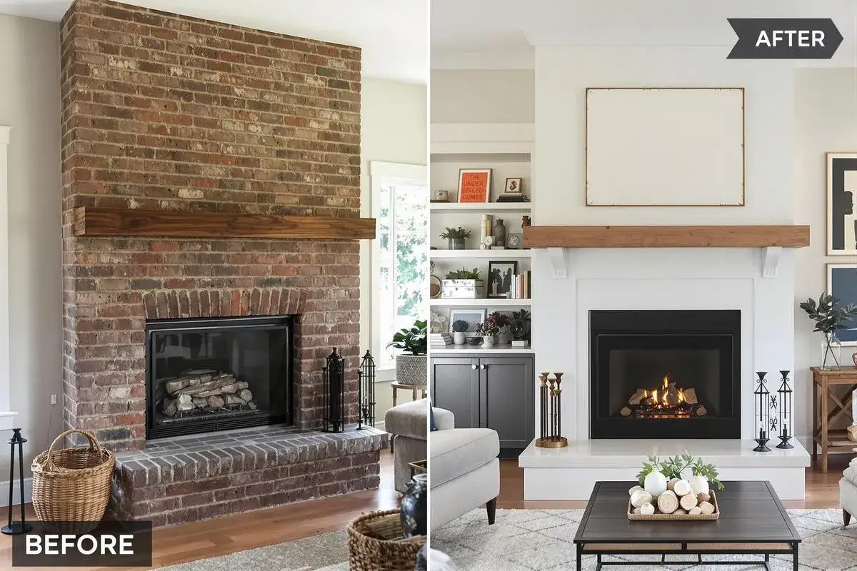 Avant/apr&egrave;s d'une r&eacute;novation chemin&eacute;e : d'une imposante structure en briques rouges &agrave; une chemin&eacute;e blanche &eacute;pur&eacute;e, modernis&eacute;e avec une &eacute;tag&egrave;re en bois.