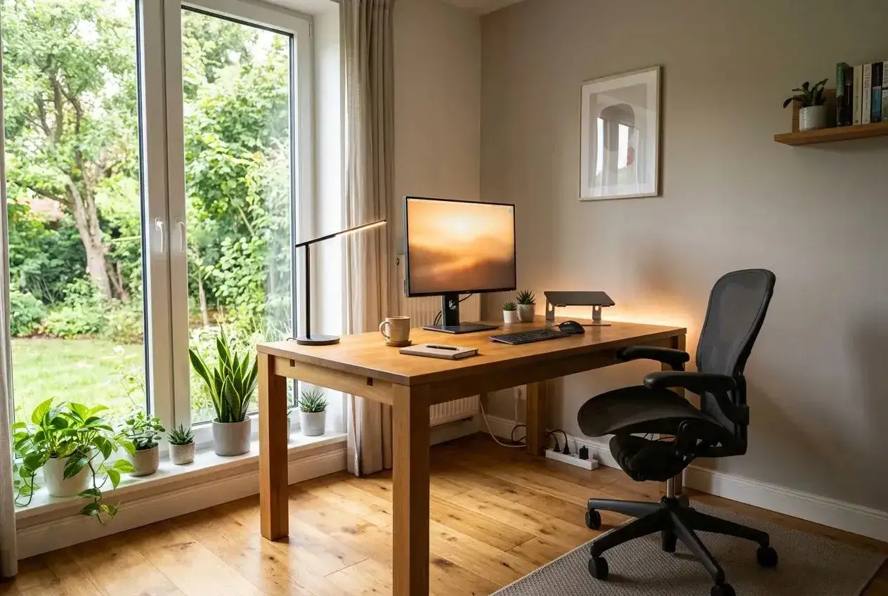 Bureau lumineux avec vue sur jardin. Une table en bois, un &eacute;cran, une lampe design et des plantes vertes pour une id&eacute;e d&eacute;coration bureau professionnel apaisante.