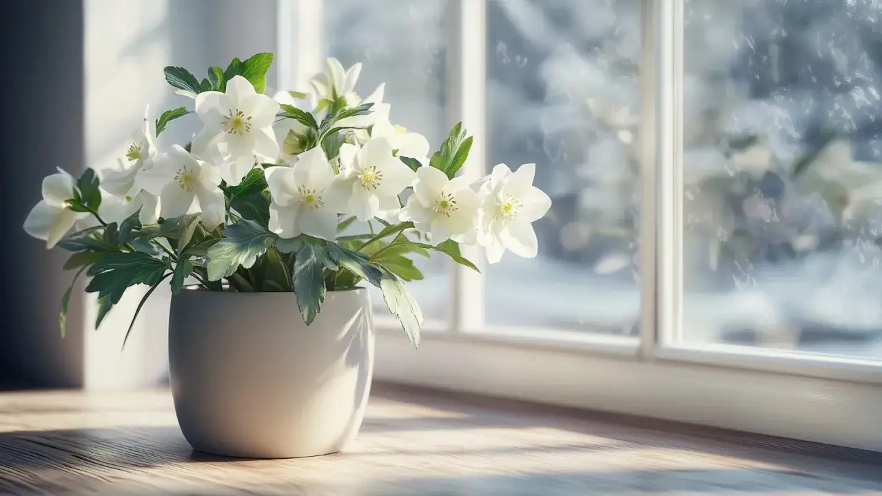 Un bouquet de rose de no&euml;l int&eacute;rieur illumine le rebord de fen&ecirc;tre, apportant une touche de fra&icirc;cheur hivernale &agrave; l'int&eacute;rieur.