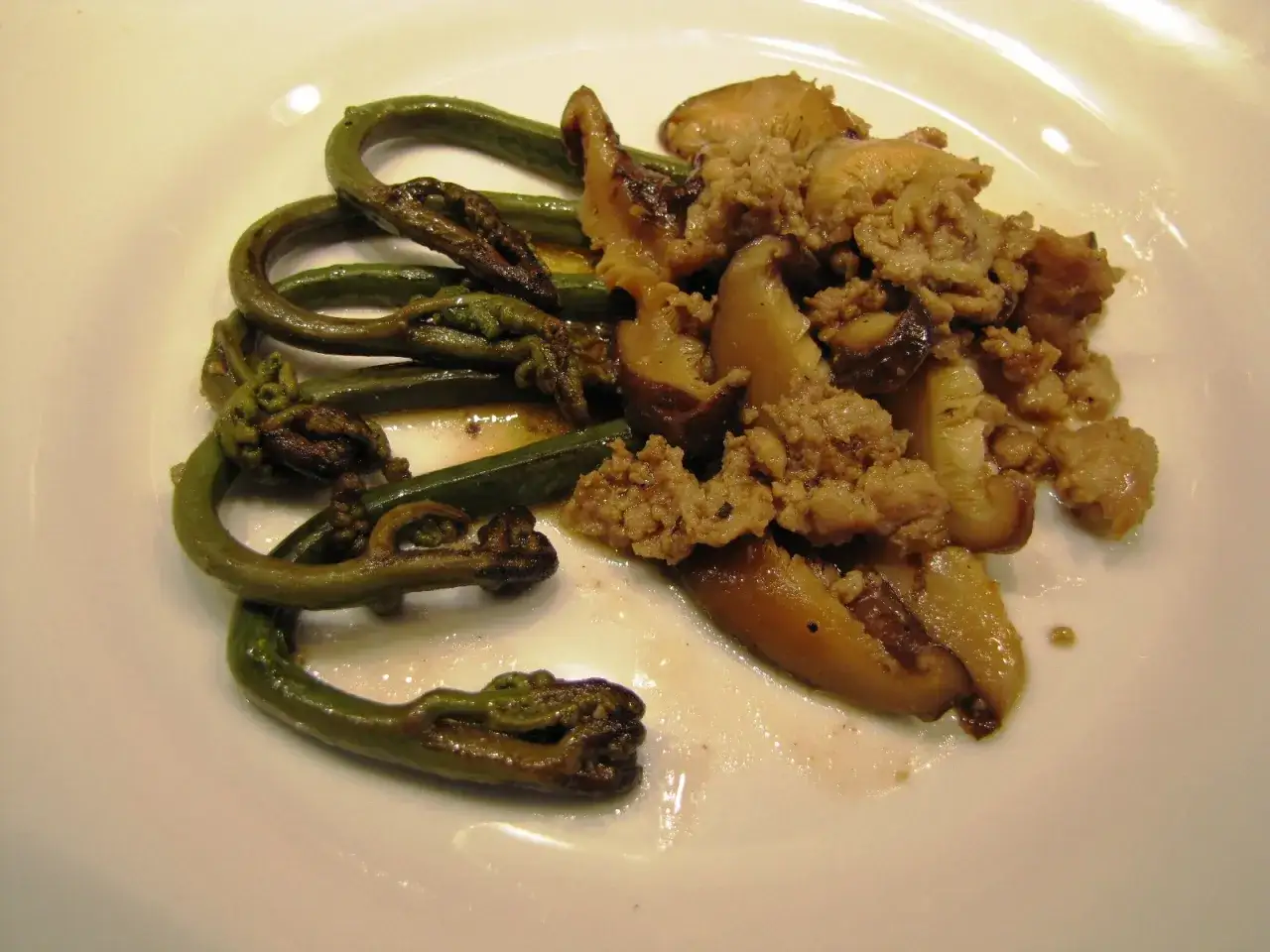 Fougères enroulées, champignons et viande hachée sur une assiette blanche. Un plat savoureux qui rappelle le goût du purin de fougère.