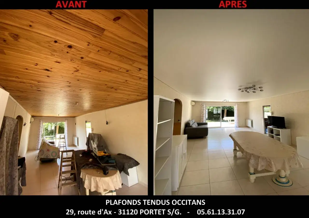 Avant/apr&egrave;s : lambris repeint en plafond tendu blanc, transformant une pi&egrave;ce sombre en espace lumineux et moderne.