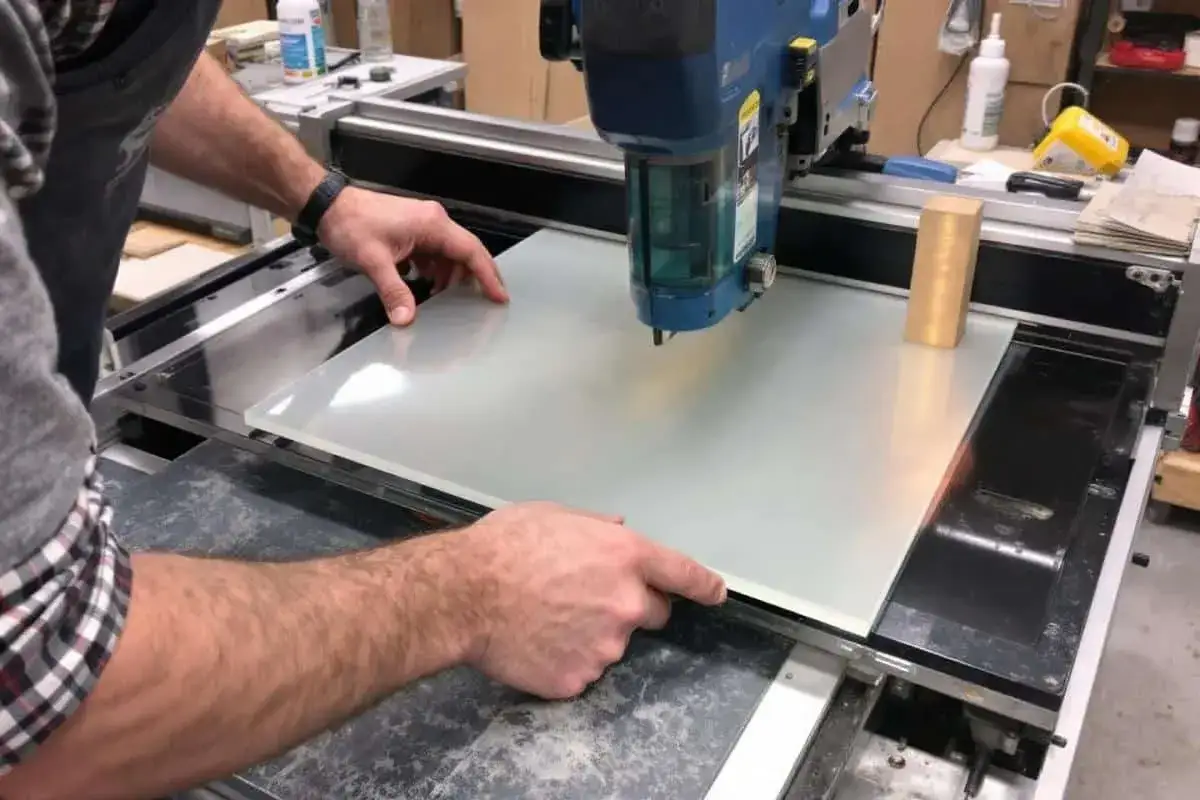 Un artisan utilise une machine pour couper du plexiglas au cutter. Ses mains guident la plaque translucide sous la t&ecirc;te de coupe.