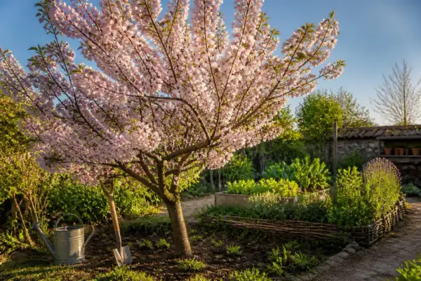 Un magnifique cerisier en fleurs illumine un jardin printanier. Une arrosoir et une pelle sont prêts pour le jardinage.