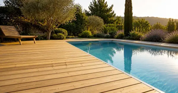 Une belle terrasse bois piscine sans margelle, avec un transat invitant à la détente sous un olivier.