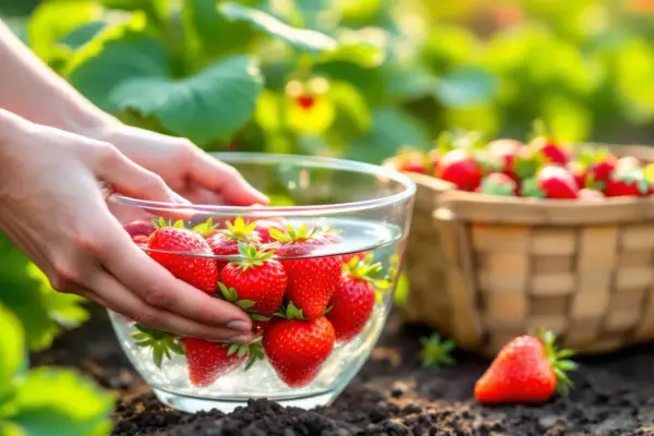 Mains mains plongent dans un bol d'eau pour rincer des fraises fraîchement cueillies. Un panier rempli de fraises est visible en arrière-plan.