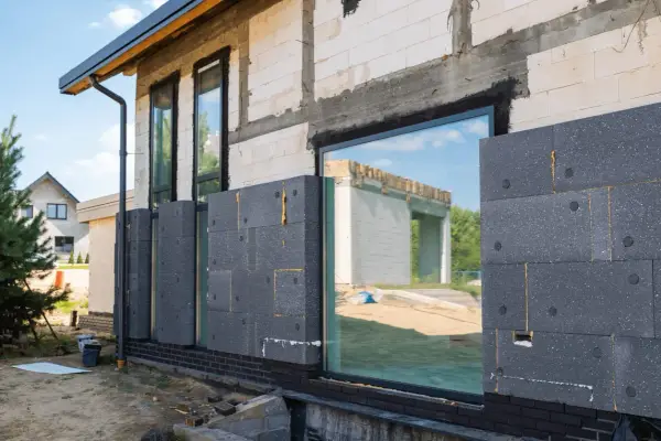 Panneaux de polystyrène gris fixés sur un mur de blocs de béton pour l'isolation par l'extérieur d'une maison en construction.