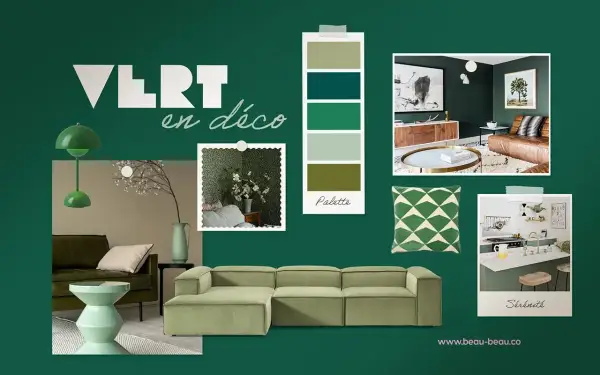 Palette de couleurs tendance pour une décoration apaisante. Un nuancier de vert invite à la sérénité dans des intérieurs modernes.