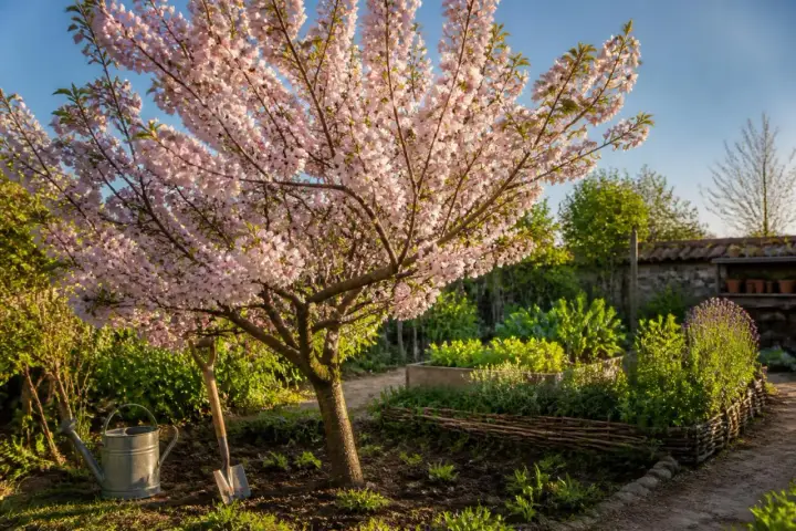 Un magnifique cerisier en fleurs illumine un jardin printanier. Une arrosoir et une pelle sont prêts pour le jardinage.