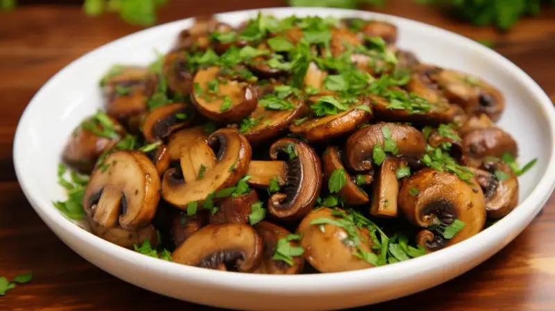 Champignons de Paris poêlés, parsemés de persil frais. Un délice qui évoque la richesse de la culture champignon de Paris.