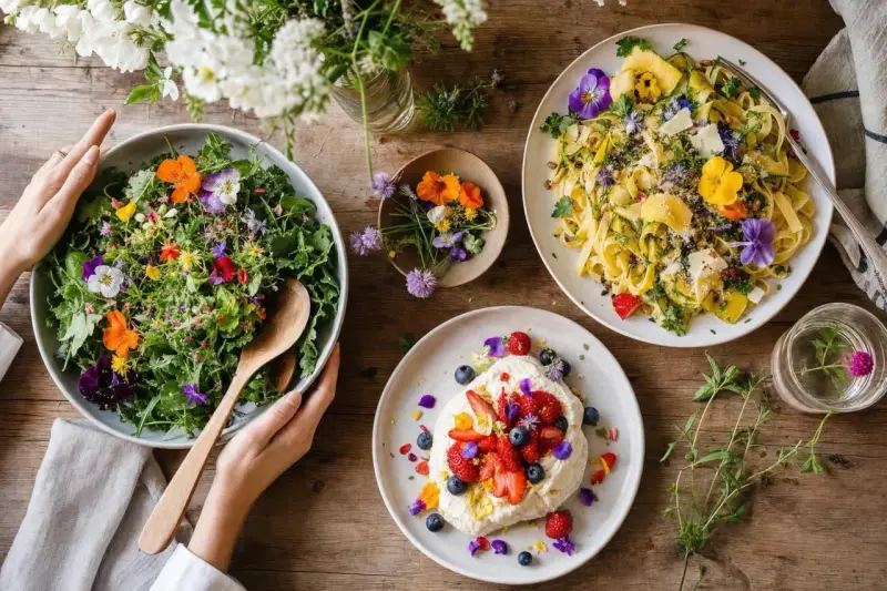 Salade colorée, pâtes et dessert ornés de fleurs comestibles, une invitation à déguster la nature.